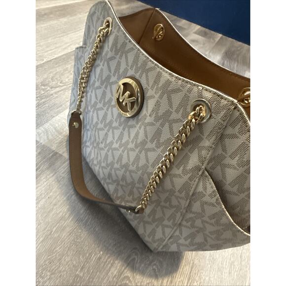 Michael Kors Authentic Signature MK Tote Shoulder Bag Chain Strap Brown/Gold - Picture 11 of 11